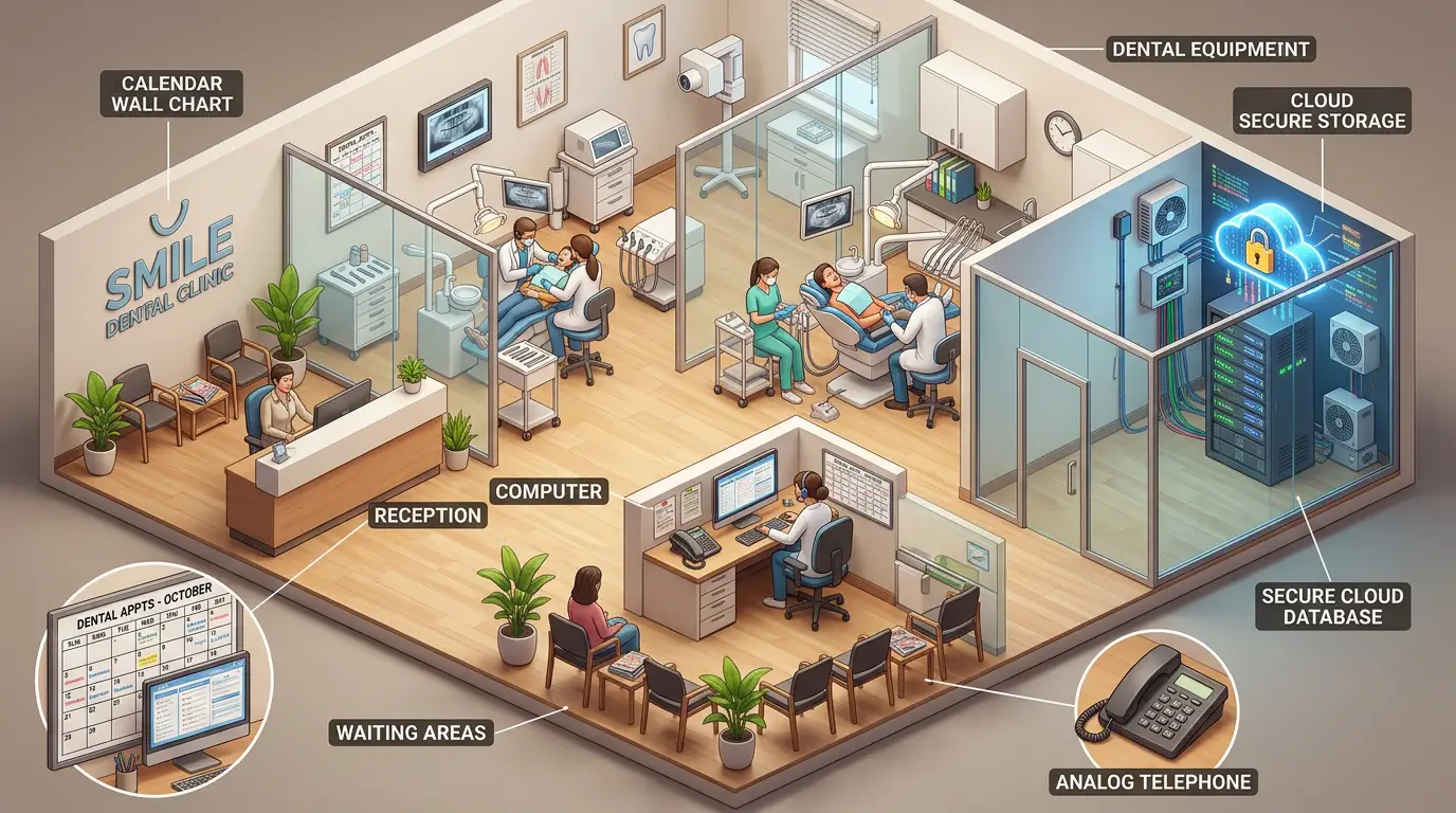 Smile Dental Clinic floor plan labeled reception, computer, waiting areas, dental equipment, and secure cloud storage