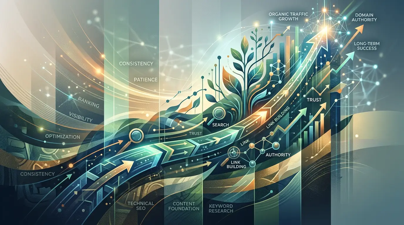 SEO growth illustration with arrows, plant, charts, and labels: Optimization, Visibility, Ranking, Consistency, Patience, Technical SEO, Content Foundation, Keyword Research, Search, Trust, Link, Link Building, Authority, Organic Traffic Growth, Domain Authority, and Long-Term Success.