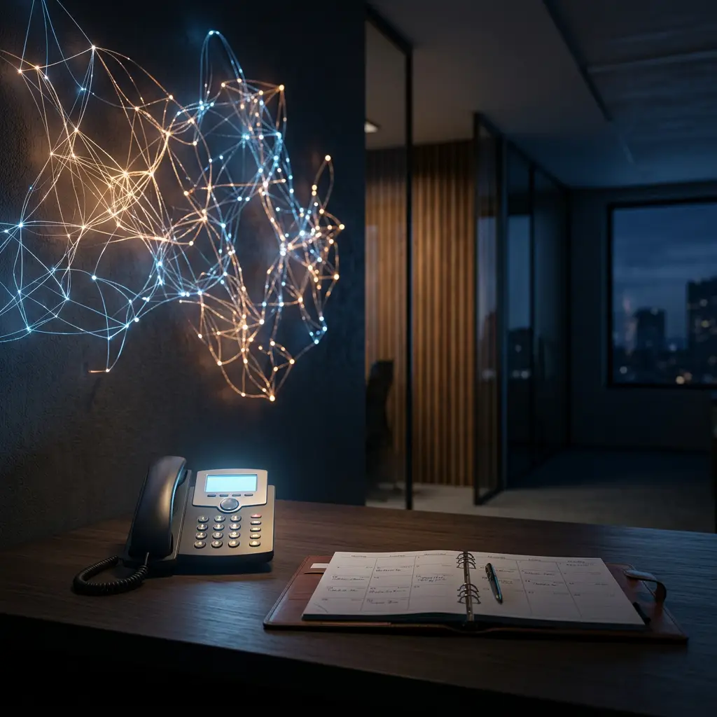 Desk phone and open planner beneath glowing network wall art