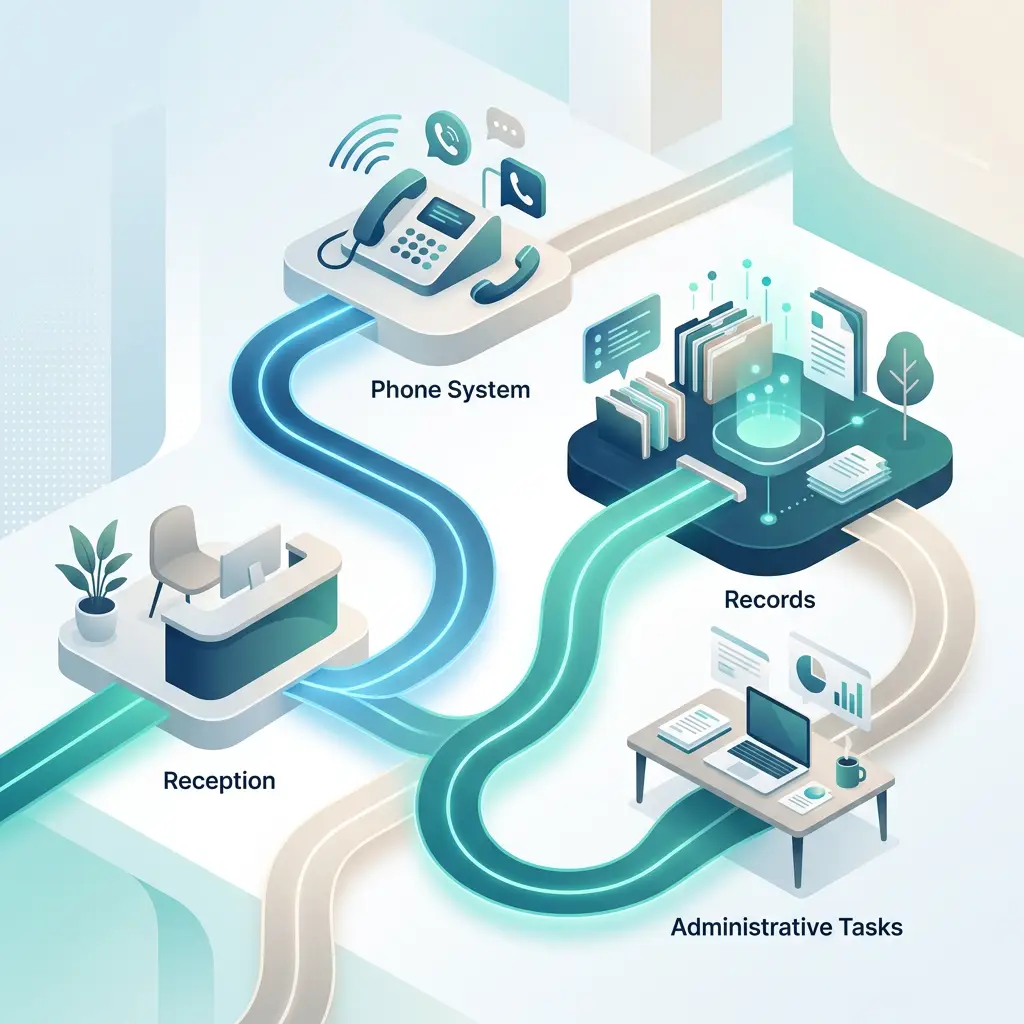 Workflow diagram connecting Reception, Phone System, Records, and Administrative Tasks
