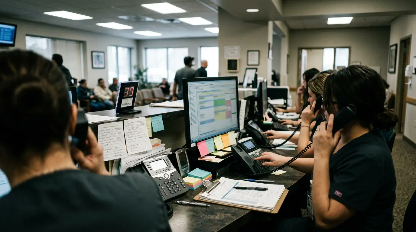 Healthcare reception staff answering phones at a busy hospital desk