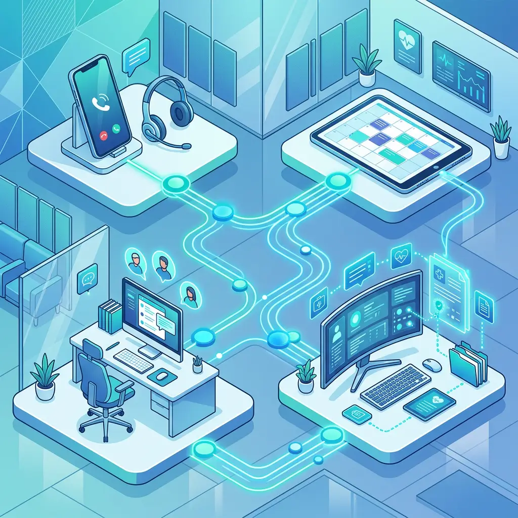 Illustration of connected healthcare devices, workstations, and patient data systems