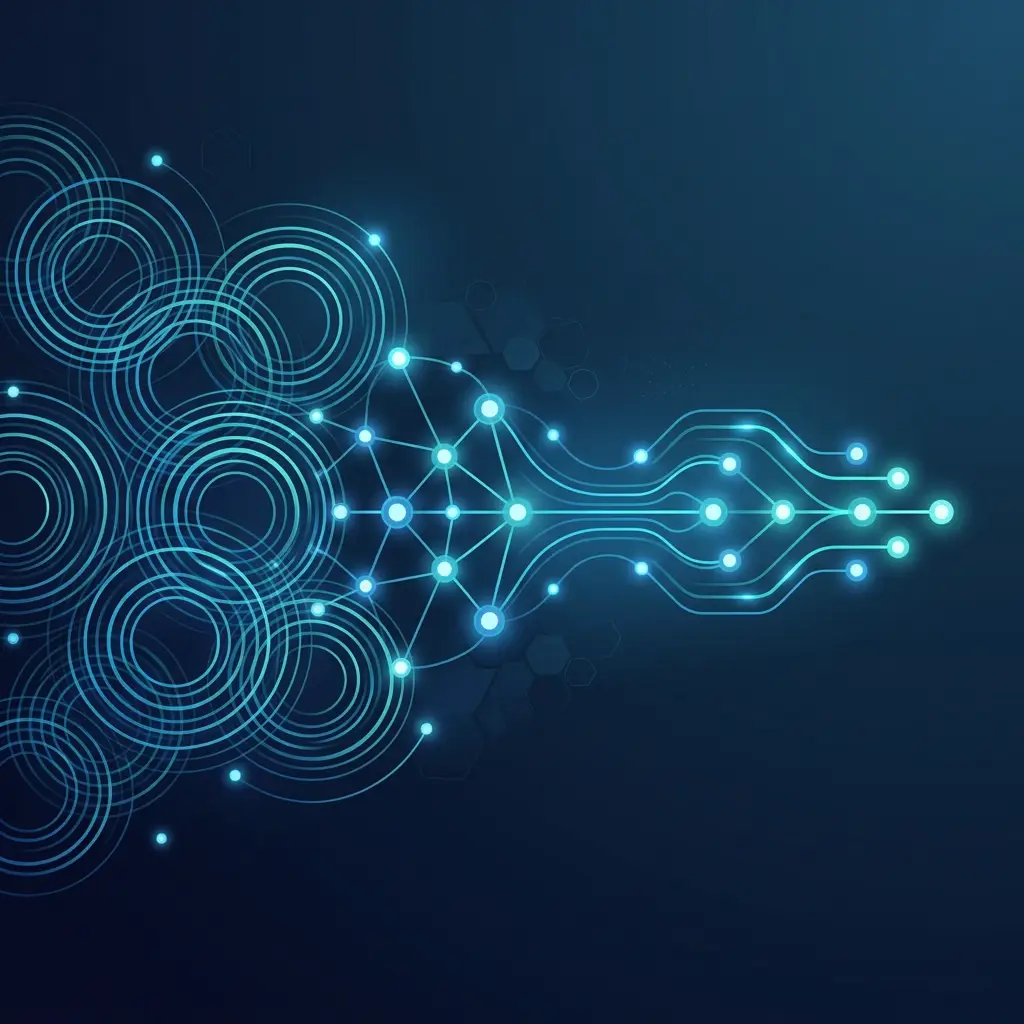 Glowing digital network of connected nodes and concentric circles
