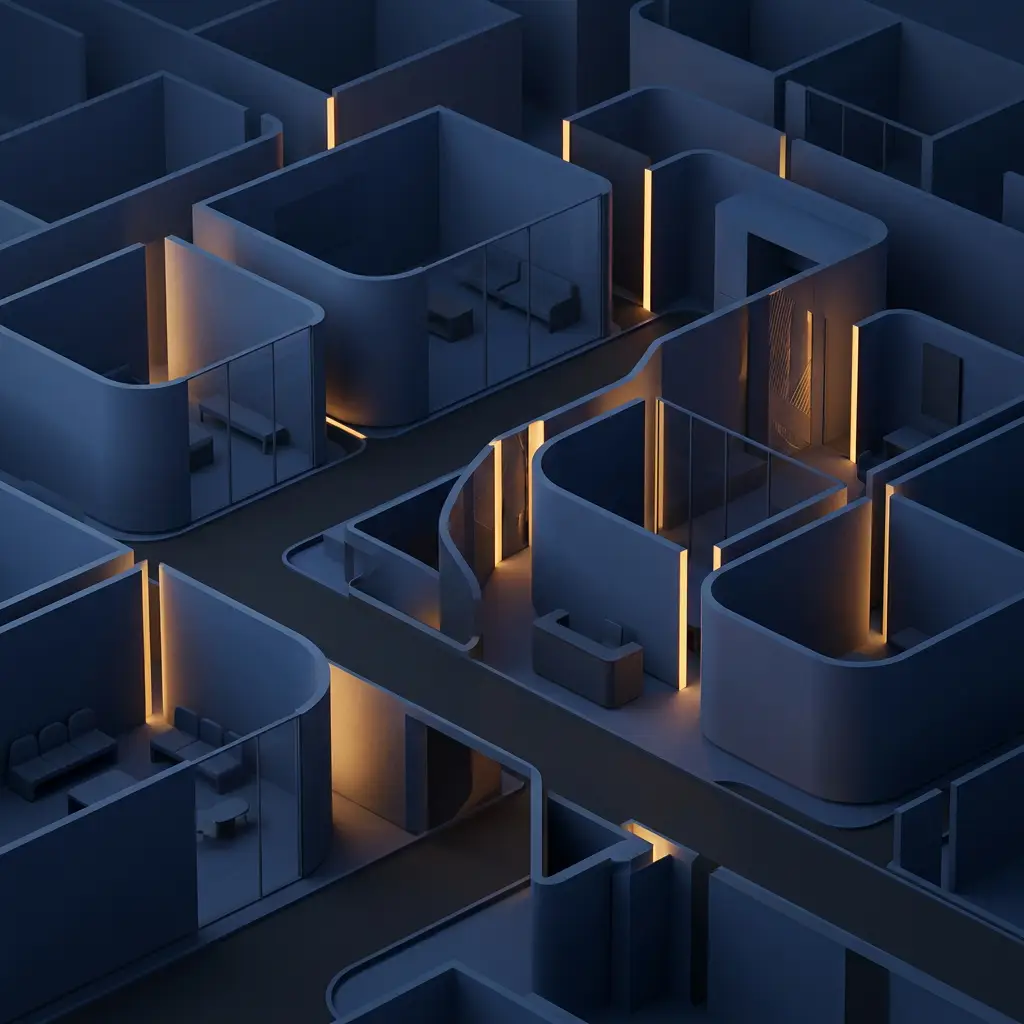 Abstract modular interior maze with curved walls and warm lighting