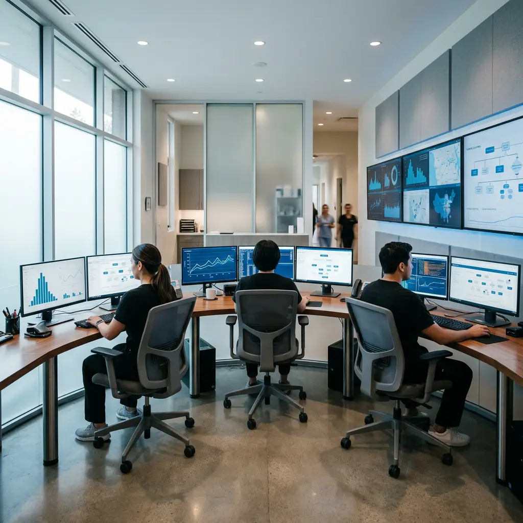 Three analysts working at computer stations surrounded by data dashboards