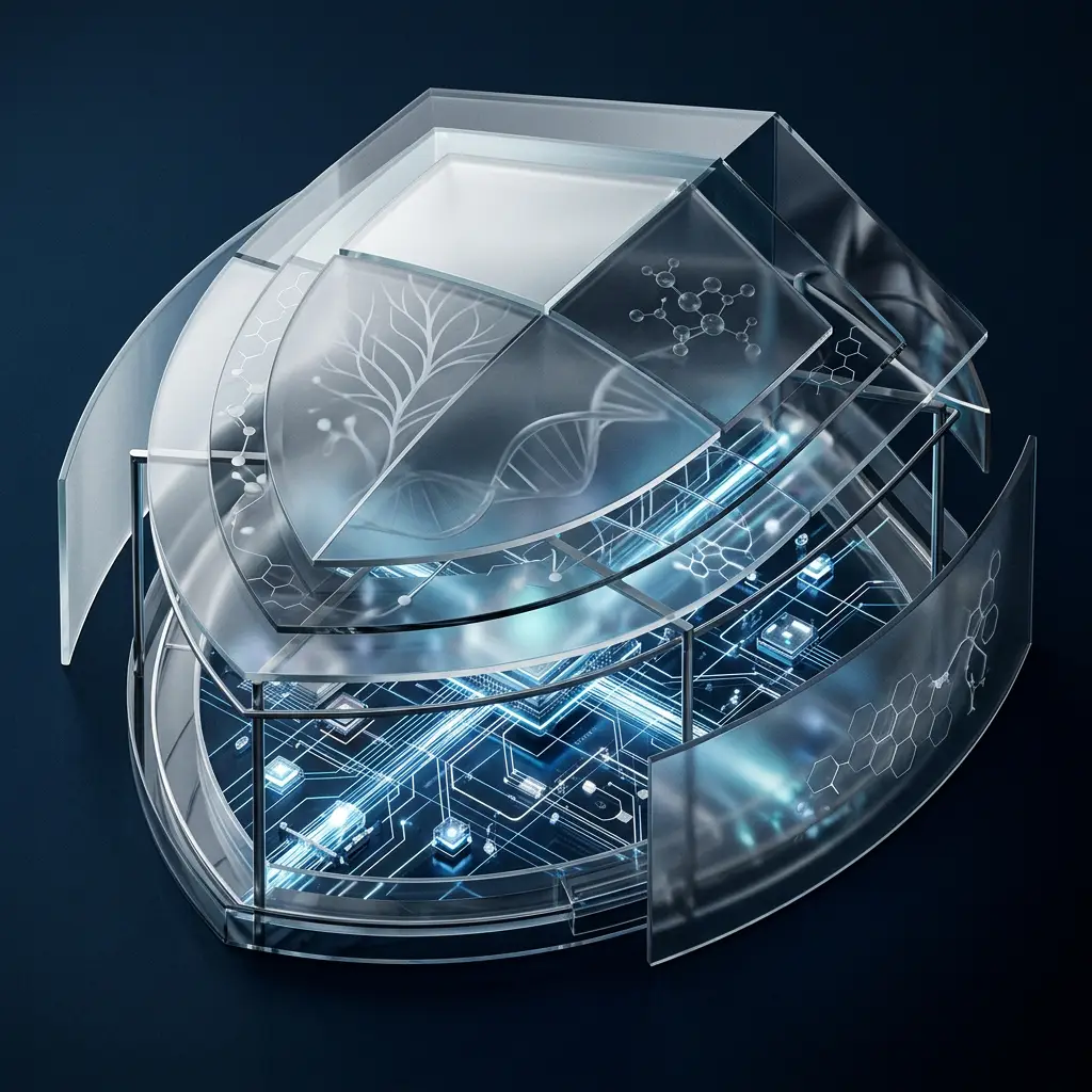 Futuristic glass display showing DNA, molecular structures, and glowing circuit patterns